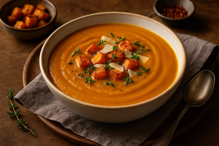 Een kom romige pompoensoep, gegarneerd met geroosterde pompoenblokjes, Parmezaanse kaas en verse tijm op een rustiek gedekte tafel