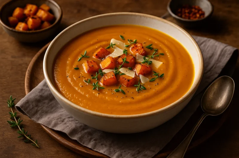 Geroosterde pompoensoep met kruiden en parmezaan