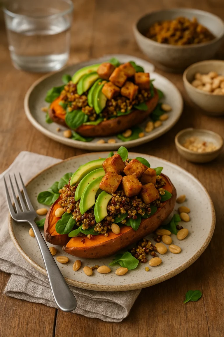 Gepofte zoete aardappel gevuld met quinoa, avocado, tofu en pinda’s, geserveerd op een rustiek bord op een houten tafel