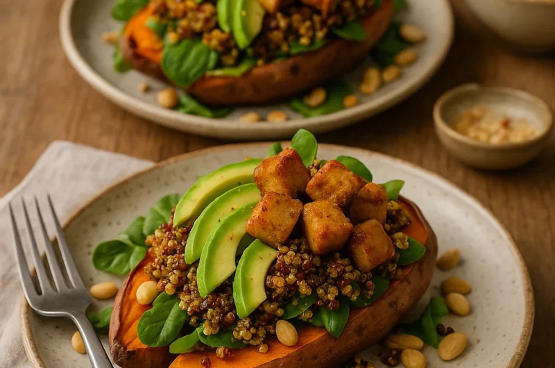 Geroosterde zoete aardappel met kruidige quinoa, avocado en knapperige tofu