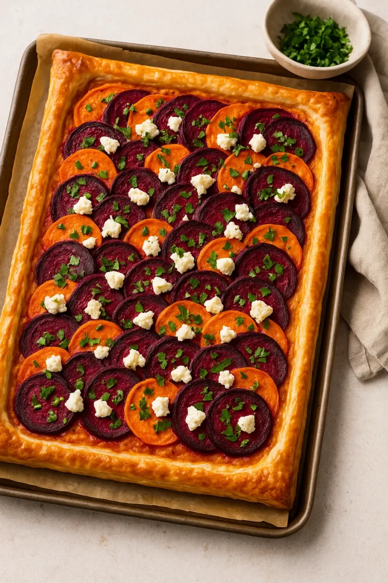 Een goudbruin gebakken plaattaart met dakpansgewijs gerangschikte plakjes zoete aardappel en rode biet, afgetopt met verkruimelde feta en verse peterselie. De plaattaart ligt op een bakplaat met bakpapier en een schaaltje verse peterselie ernaast.