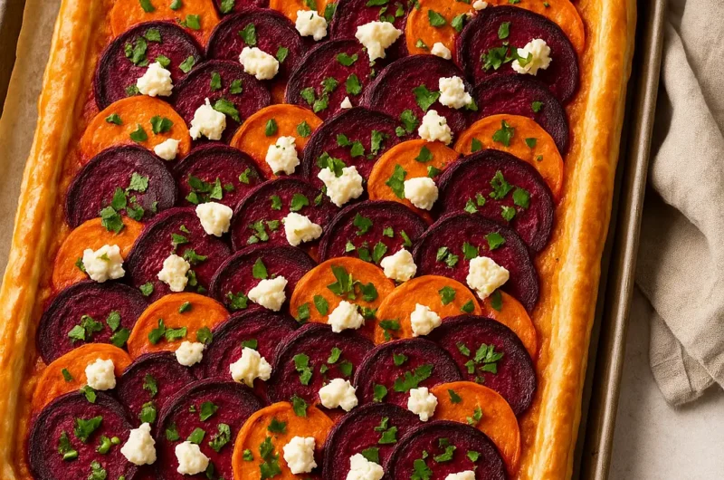 Kleurrijke Plaattaart met Zoete Aardappel, Rode Biet en Feta