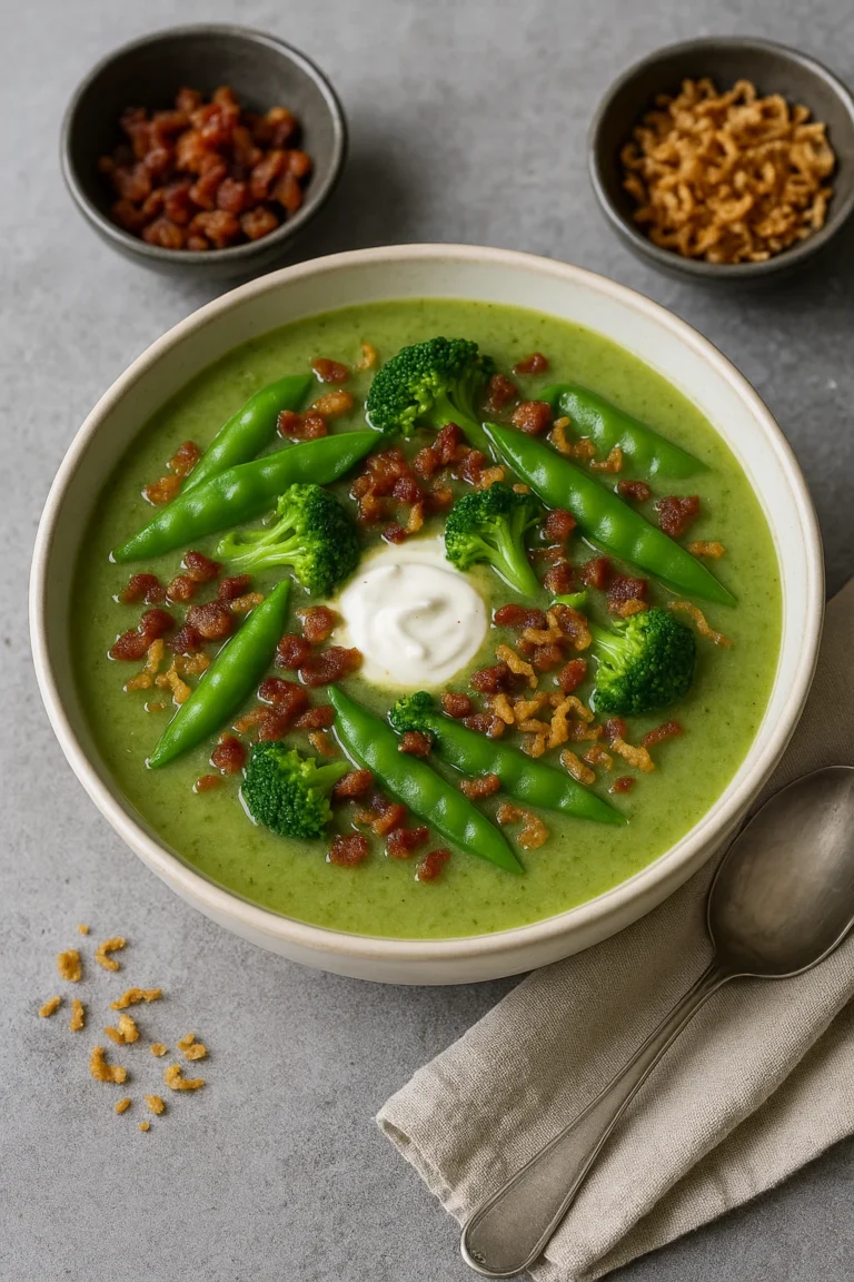 Groene sajoer broccolisoep geserveerd in een kom, gegarneerd met broccoli, sugarsnaps, spekjes en een lepel crème fraîche