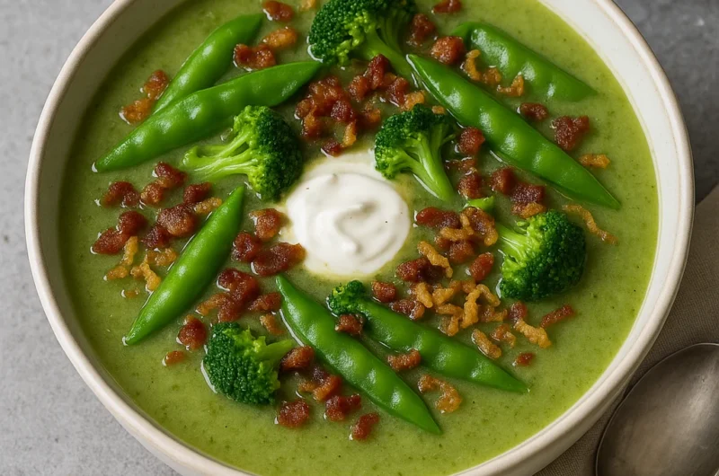 Pittige Sajoer Broccolisoep met Spekjes en Sugarsnaps