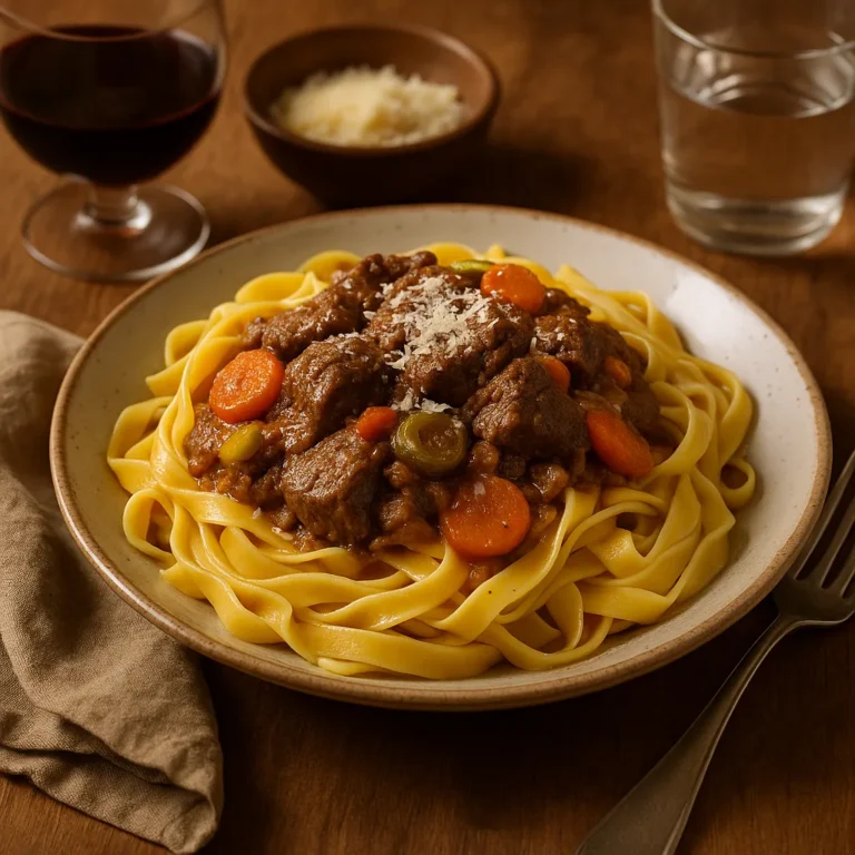 Tagliatelle met Italiaans stoofvlees, geserveerd op een rustiek bord met Parmezaanse kaas, rode wijn en sfeervolle tafelsetting
