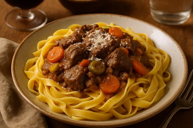 Zacht Italiaans stoofvlees met tagliatelle en Parmezaanse kaas