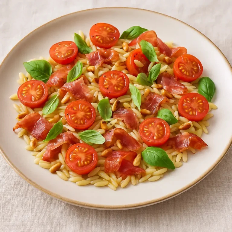 Een kleurrijke lauwwarme salade van orzo, verse cherrytomaten, knapperige parmaham, geroosterde pijnboompitten en verse basilicumblaadjes, geserveerd op een lichte, rustieke schaal.