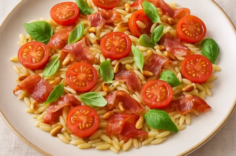 Lauwwarme orzo met tomaat, parmaham en geroosterde pijnboompitten