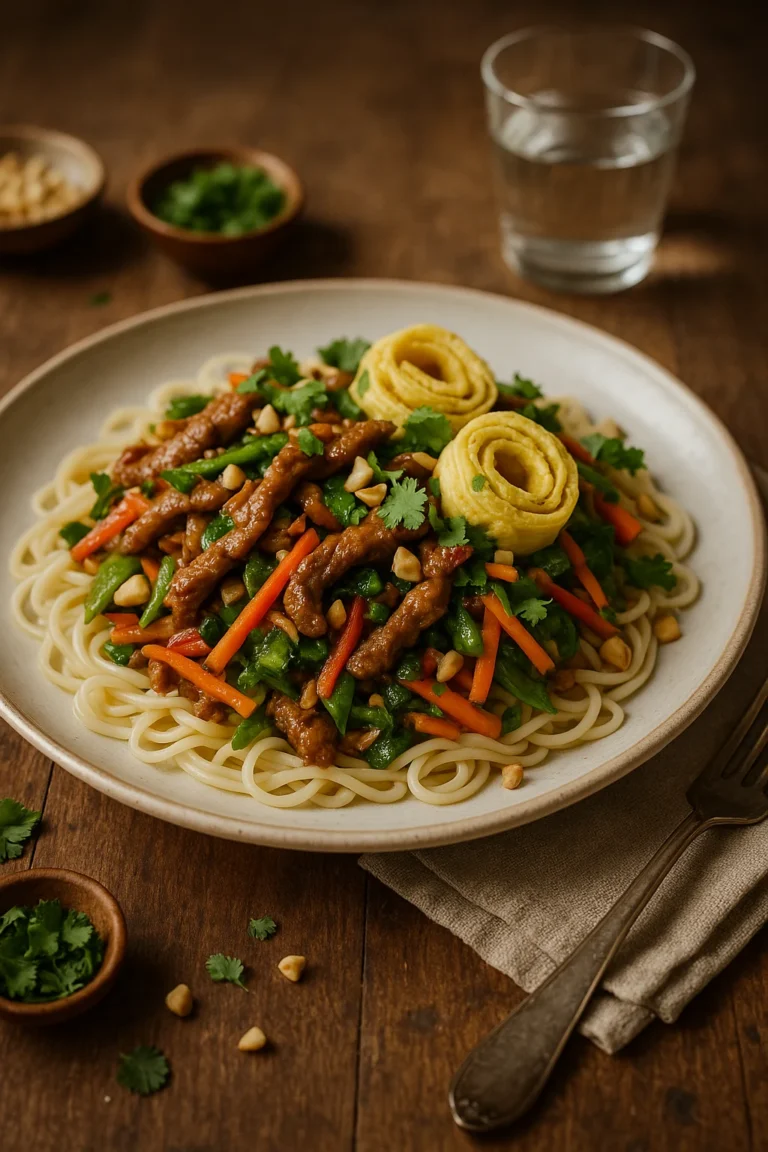 Oosterse noedels met varkensreepjes, groenten en omeletrolletjes op een rustieke houten tafel
