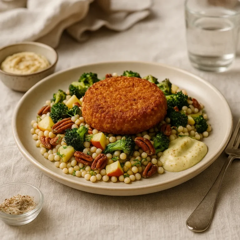 Vegetarische couscousmaaltijd met krokante burger, broccoli, appel en pecannoten, geserveerd op een rustiek gedekte tafel