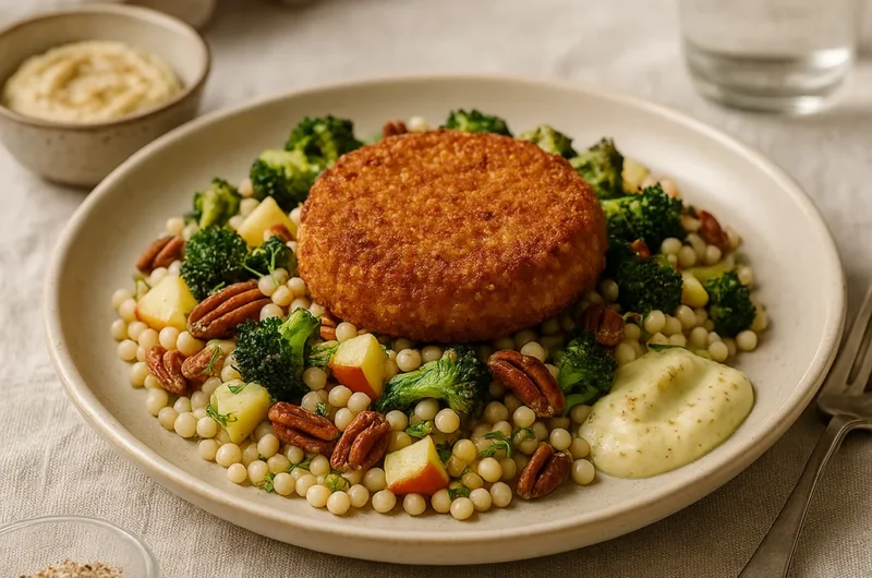 Parelcouscous met krokante vega burger en frisse sinaasappel-twist