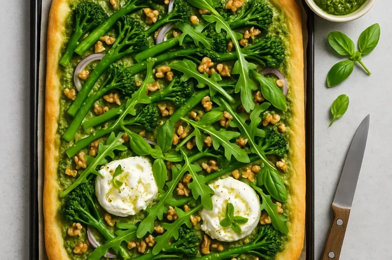 Groene Plaatpizza met Bimi, Burrata en Walnoten