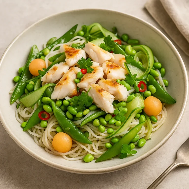 Aziatische meloensalade met mihoen, groenten en gegrilde kabeljauw