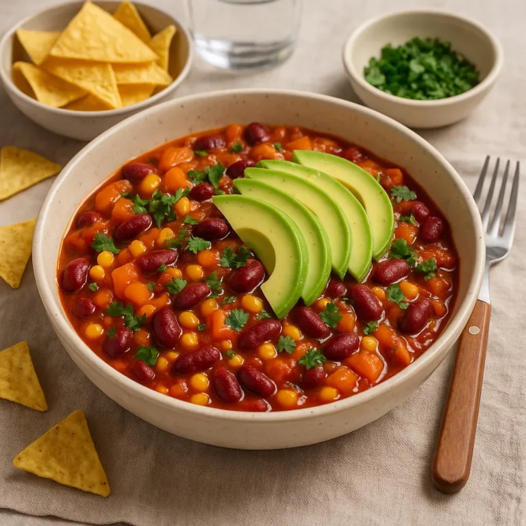 Mexicaanse bonenschotel met avocado en nacho's op een rustieke, sfeervol gedekte tafel