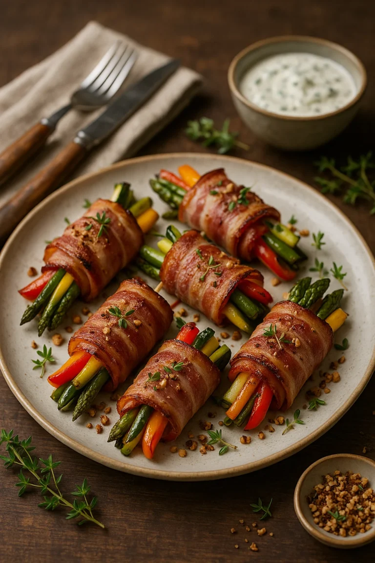 Spekrolletjes gevuld met gegrilde groenten, geserveerd op een rustieke tafel met yoghurtdip en verse tijm