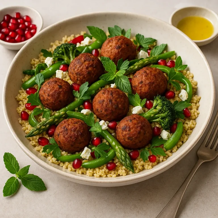 Couscoussalade met falafel, groene groenten, feta, munt en granaatappelpitjes in een rustieke kom