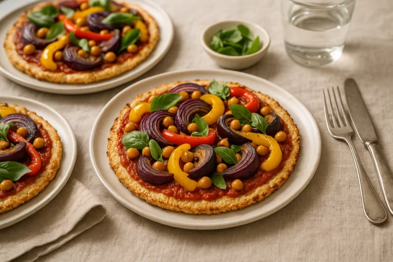 Bloemkoolpizza met geroosterde groenten en verse basilicum, geserveerd op een gedekte tafel