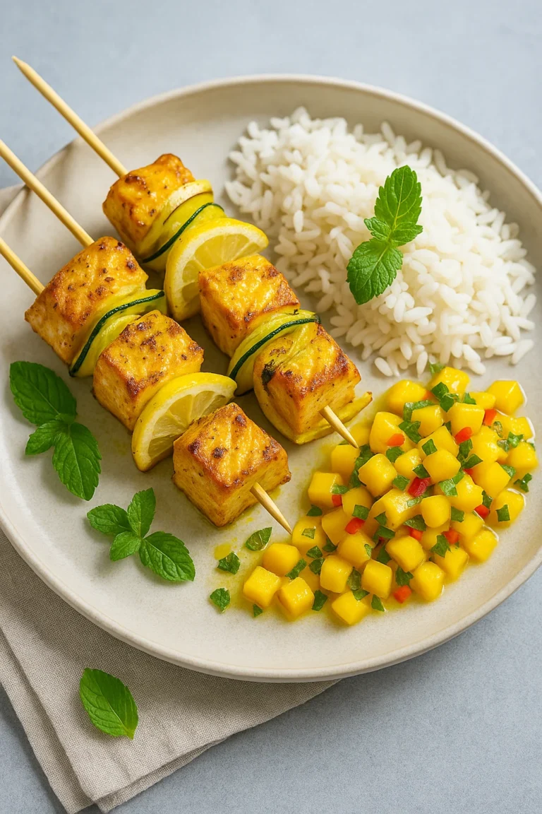 Gegrilde zalmspiesen met citroen en courgette, geserveerd met witte rijst en frisse mangosalsa