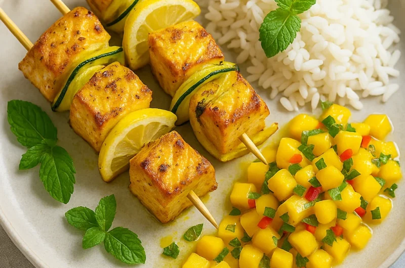 Zomerse zalmspiesen met kerrie en frisse mangosalsa