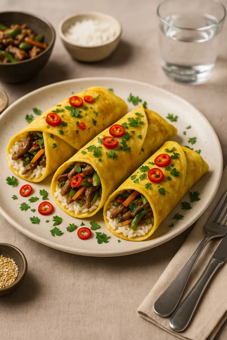 Eierwraps gevuld met rijst, roerbakgroenten en vlees, geserveerd op een gedekte tafel met garnering van rode peper en peterselie