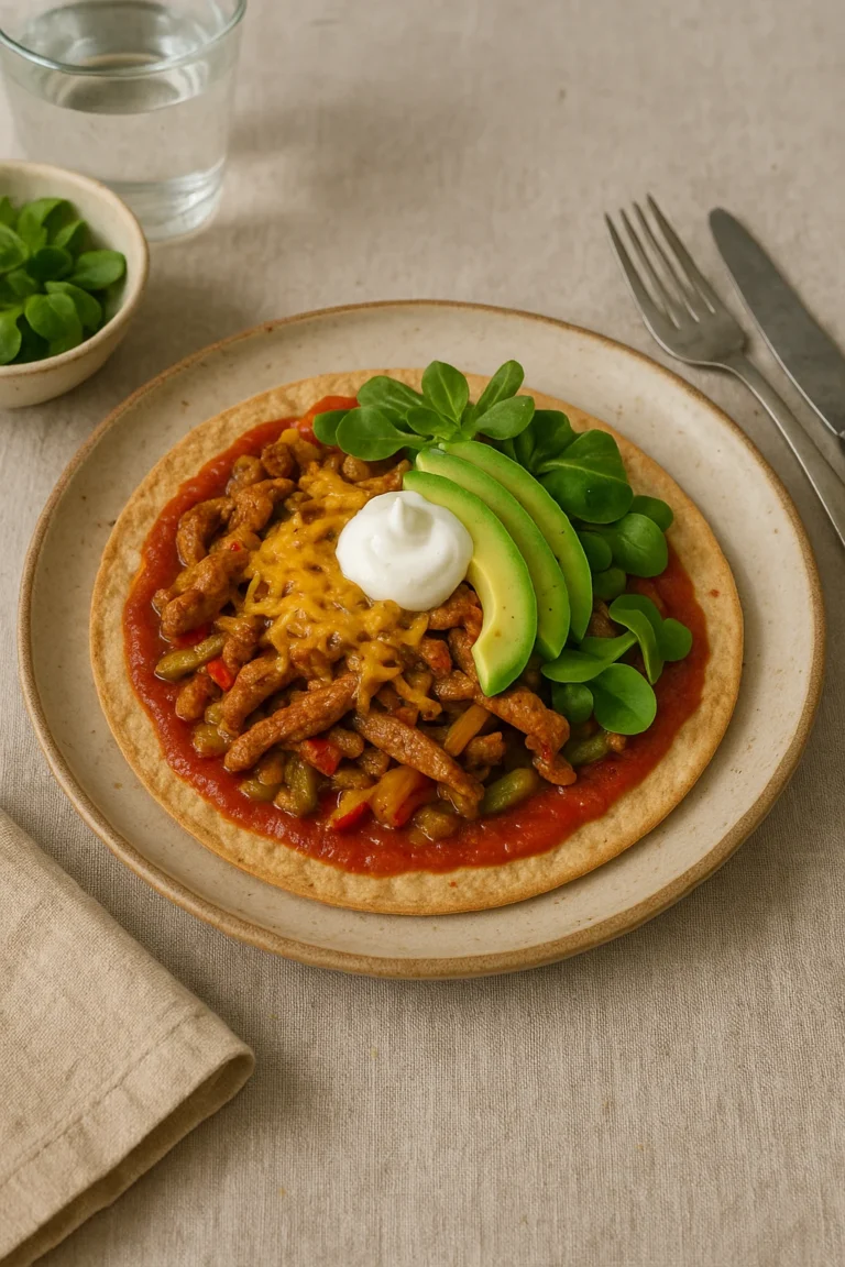 Tostada met varkensreepjes, gesmolten kaas, avocado, crème fraîche en veldsla op een gedekte eettafel