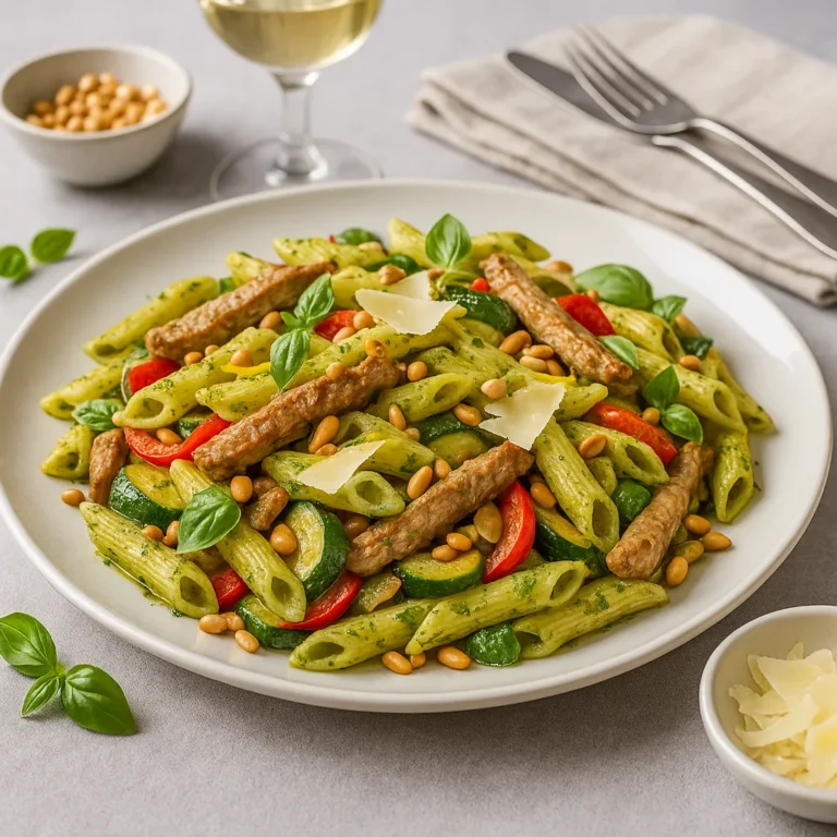 Bord met penne pesto, varkensreepjes, roerbakgroente en Parmezaanse kaas, geserveerd op een gedekte tafel met glas witte wijn