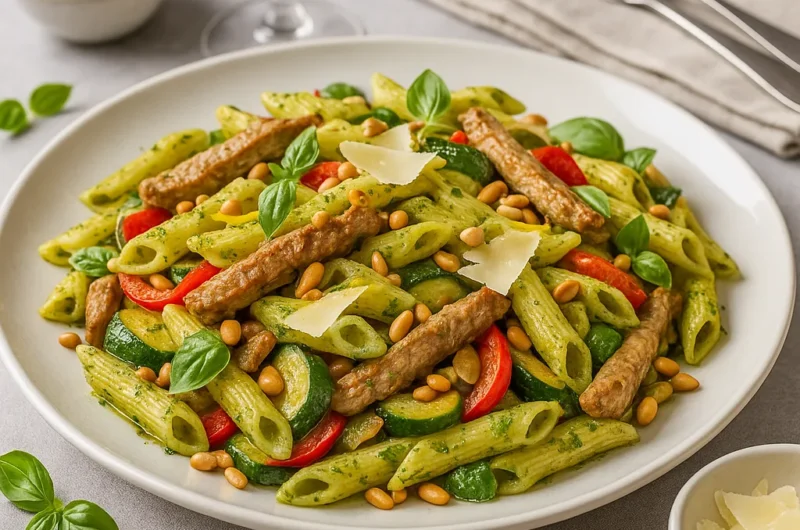 Citroen-pesto penne met Mediterrane varkensreepjes en roerbakgroente