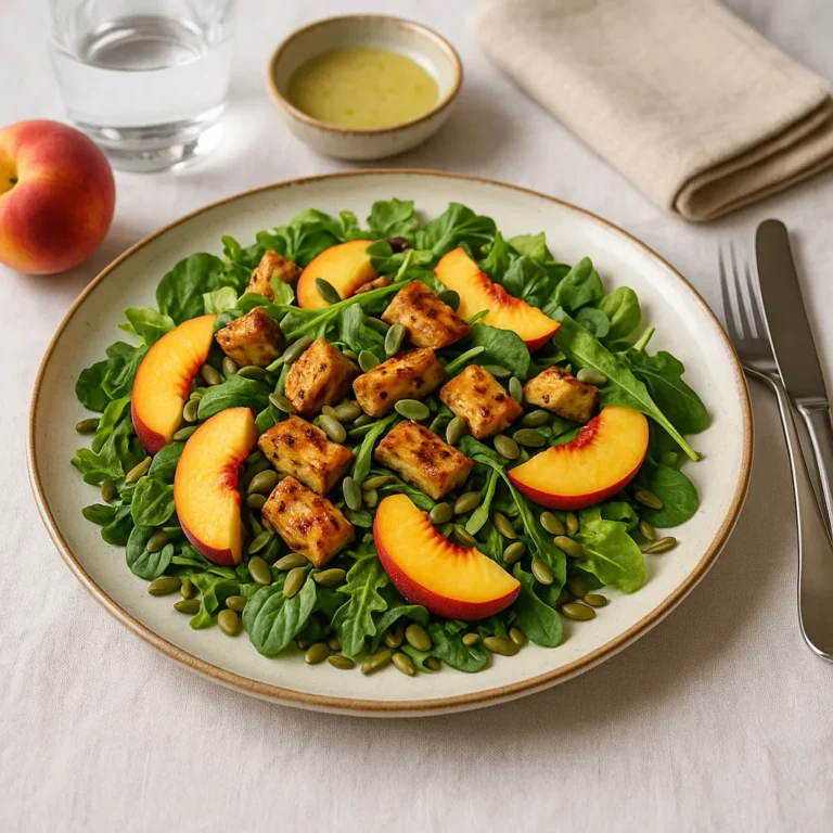Een huisgemaakte salade met gegrilde vegetarische stukjes, verse perzikpartjes, groene bladsla en pompoenpitten op een rustiek bord, geserveerd op een gedekte tafel