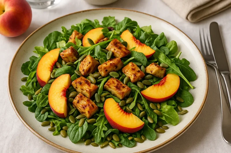 Zomerse salade met gegrilde vegetarische stukjes en sappige perzik